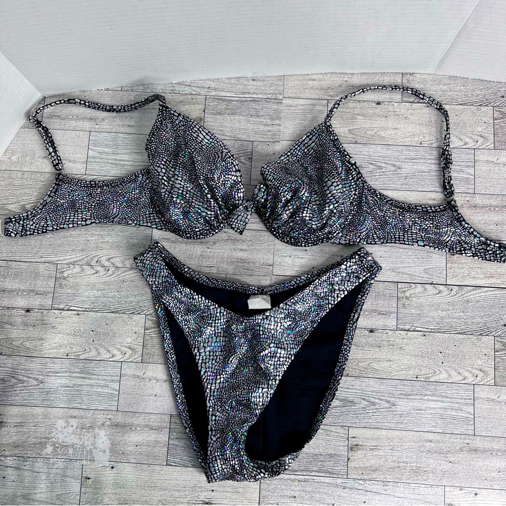 Metallic silver and black shiny women’s bikini bathing suit size small